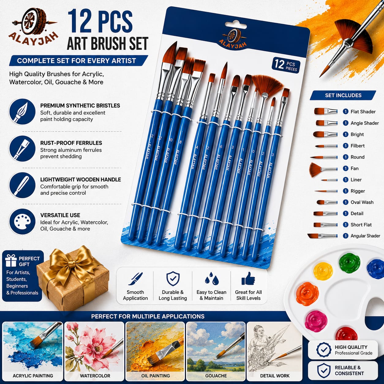 طقم فرش رسم احترافية للفنانين – فرش شعر نايلون لالوان الزيت والمائي والأكريليك Professional Artist Brush Set – Nylon Hair Brushes for Oil, Watercolor, and Acrylic Paints