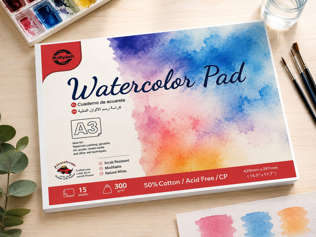 Alayjah, Watercolor Pad,1 Piece, Compact & Durable Painting Paper for Watercolors, Ideal for Travel, Students & Beginners  دفتر ألوان مائية، ورق رسم مدمج ومتين للألوان المائية، مثالي للسفر والطلاب والمبتدئين