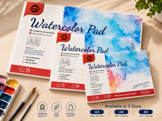 Alayjah, Watercolor Pad,1 Piece, Compact & Durable Painting Paper for Watercolors, Ideal for Travel, Students & Beginners  دفتر ألوان مائية، ورق رسم مدمج ومتين للألوان المائية، مثالي للسفر والطلاب والمبتدئين