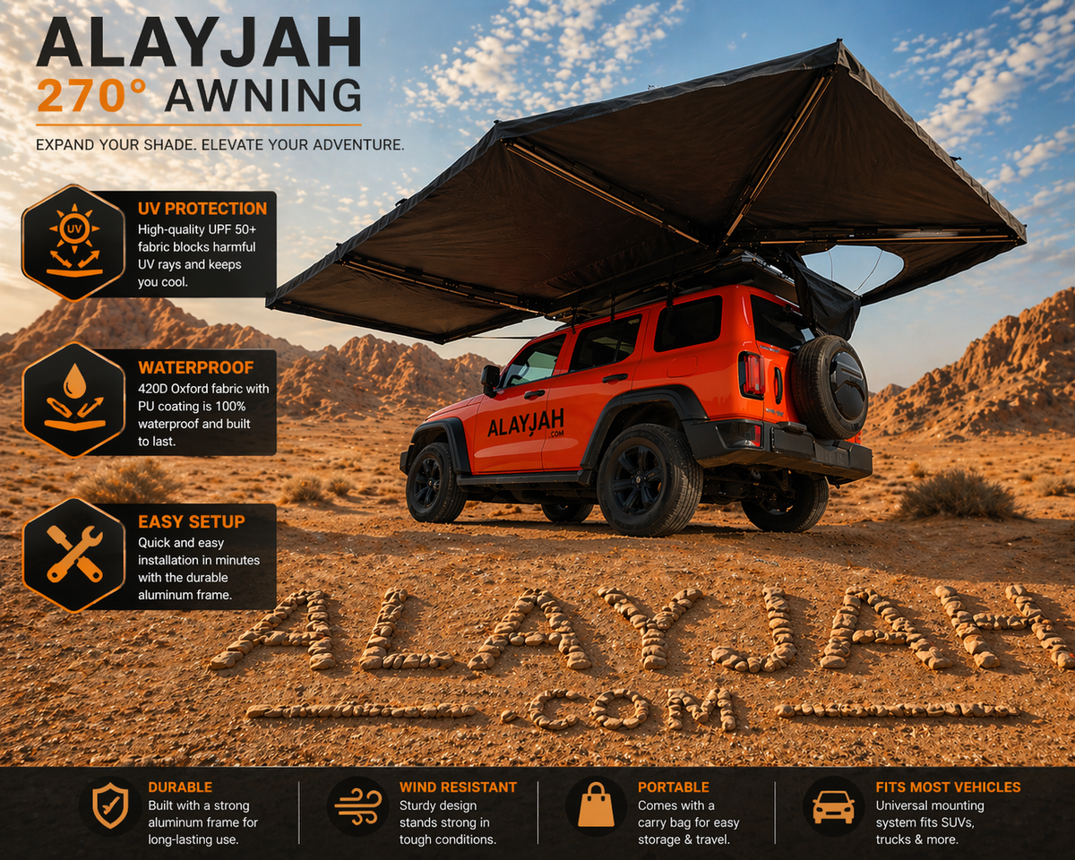 Alayjah 270° Car Rooftop Tent Awning, 600D Waterproof, Free-Standing, 1 Pc مظلة خيمة سقف سيارة بزاوية 270°، مقاومة للماء 600D، قائمة بذاتها، قطعة واحدة