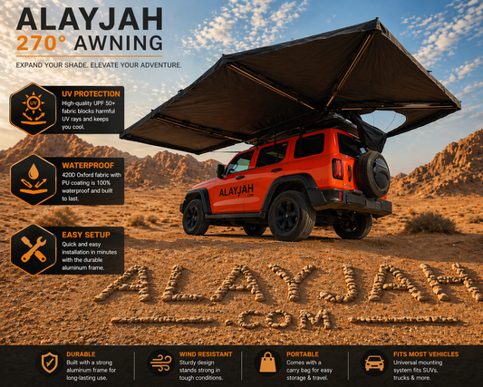 Alayjah 270° Car Rooftop Tent Awning, 600D Waterproof, Free-Standing, 1 Pc مظلة خيمة سقف سيارة بزاوية 270°، مقاومة للماء 600D، قائمة بذاتها، قطعة واحدة