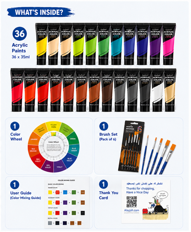Alayjah, 36-Color Acrylic Paint (35ml Each) with 6 Paint Brushes , Complete Painting & Drawing Tools for Creative Artists 20100180ألوان أكريليك مكونة من 36 لونًا (35 مل لكل لون) مع 6 فرش رسم – أدوات متكاملة للرسم والتلوين للفنانين المبدعين