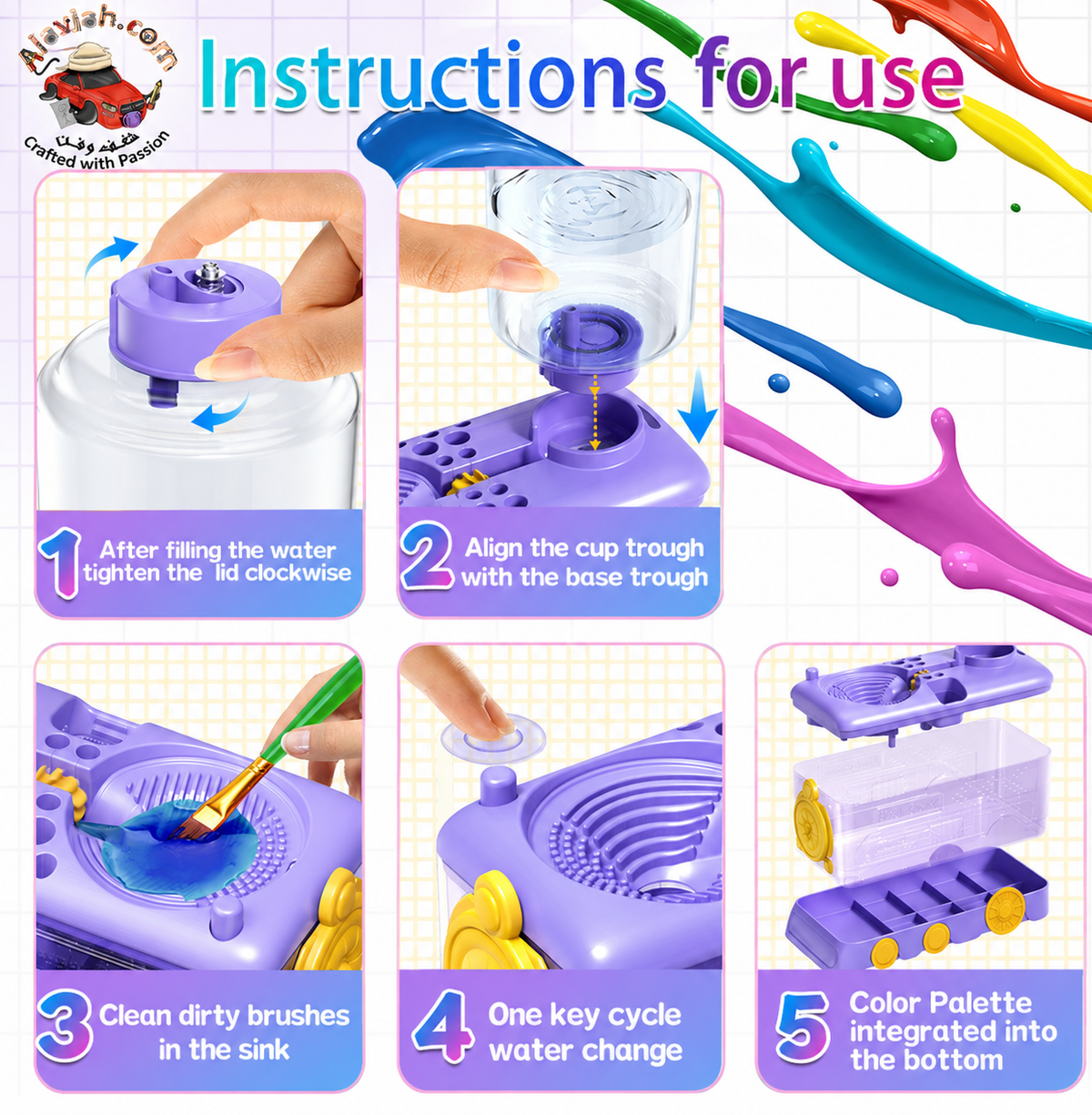 Alayjah, 2025 Expandable Paint Brush Rinser & Tray, Water Circulation Cleaner for All Paint Types منظف فرشاة دهان قابل للتوسيع 2025 مع صينية ومرشح مياه لجميع أنواع الطلاء