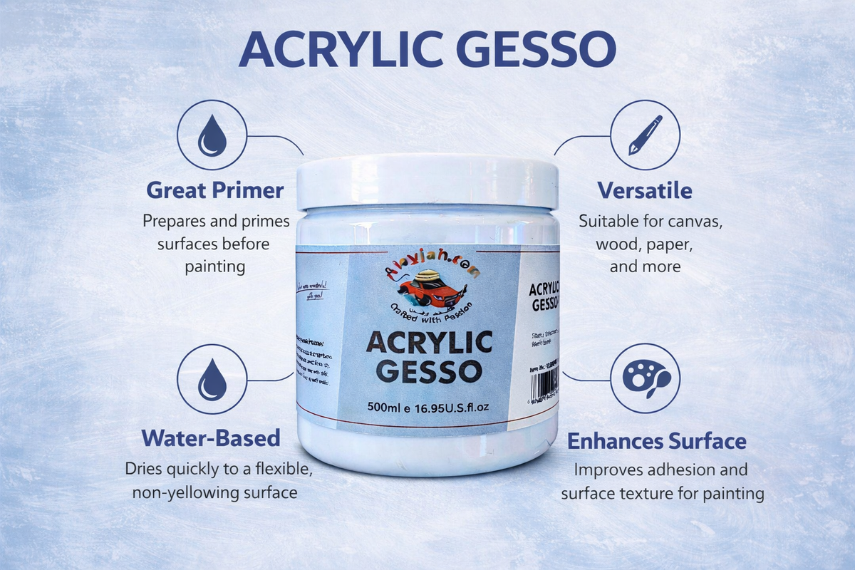 Professional Acrylic White Gesso Base 500ML, Helps You Create Artwork Worthy of Admiration, 20100192 أساس جيسو اكريلك ابيض 500مل احترافي يمنح ألوانك قوة ووضوحًا ويجعل لوحتك محل إعجاب وتقدير