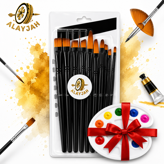 Alayjah 12-Piece Nylon Paint Brush Set for Acrylic, Oil & Watercolor – Versatile & Durable 20100210فرش رسم من النايلون 12 قطعة للأكريليك والزيت والألوان المائية – فرش متعددة الاستخدام ومتينة (Special Prices for Sellers اسعار خاصة للتجار )
