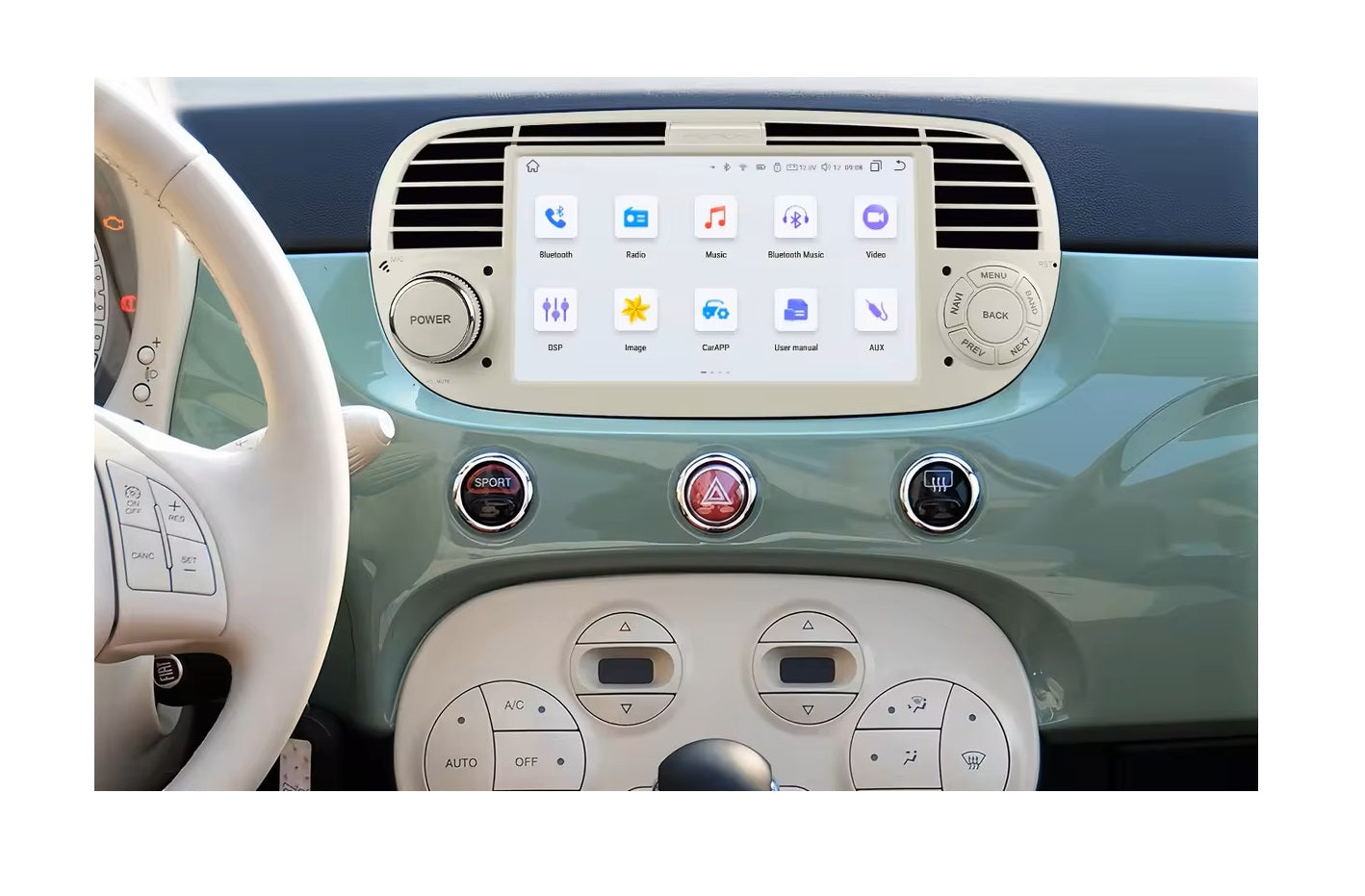 Android 13 7'' Carplay GPS Navigation Compatible with 2007-2015 Fiat 500 اندرويد 13 كاربلاي شاشة ترفية نافجيشن فيات