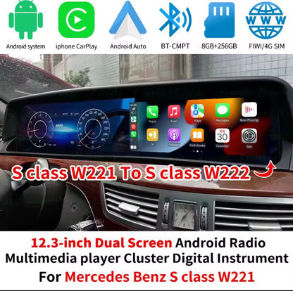 12.3" Dual Android Car Navigation Gps Multimedia Radio Player for Mercedes Benz S W221 2005 + Auto Radio Wireless Carplay Cluster Head Unit with dashboard cover شاشتين مريسدس اس كلاس مع عدادات مع طبلون