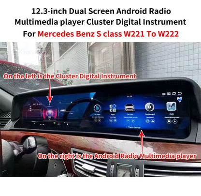 12.3" Dual Android Car Navigation Gps Multimedia Radio Player for Mercedes Benz S W221 2005 + Auto Radio Wireless Carplay Cluster Head Unit with dashboard cover شاشتين مريسدس اس كلاس مع عدادات مع طبلون