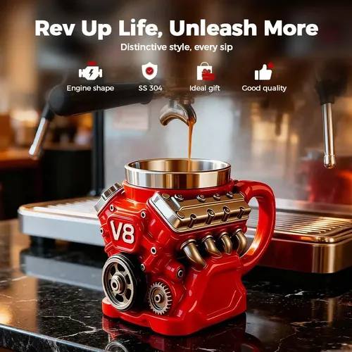 V8 Engine-Shaped Coffee Mug, Automotive Motor Design Cup with Handle, Unique Car Lover Gift for Home, Office & Garage 11700025