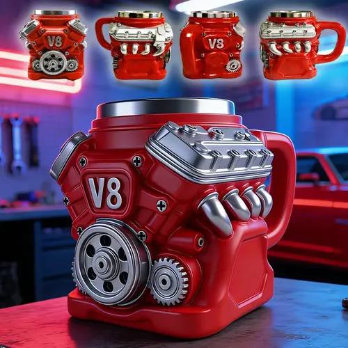 V8 Engine-Shaped Coffee Mug, Automotive Motor Design Cup with Handle, Unique Car Lover Gift for Home, Office & Garage 11700025