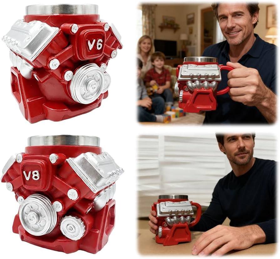 V8 Engine-Shaped Coffee Mug, Automotive Motor Design Cup with Handle, Unique Car Lover Gift for Home, Office & Garage 11700025