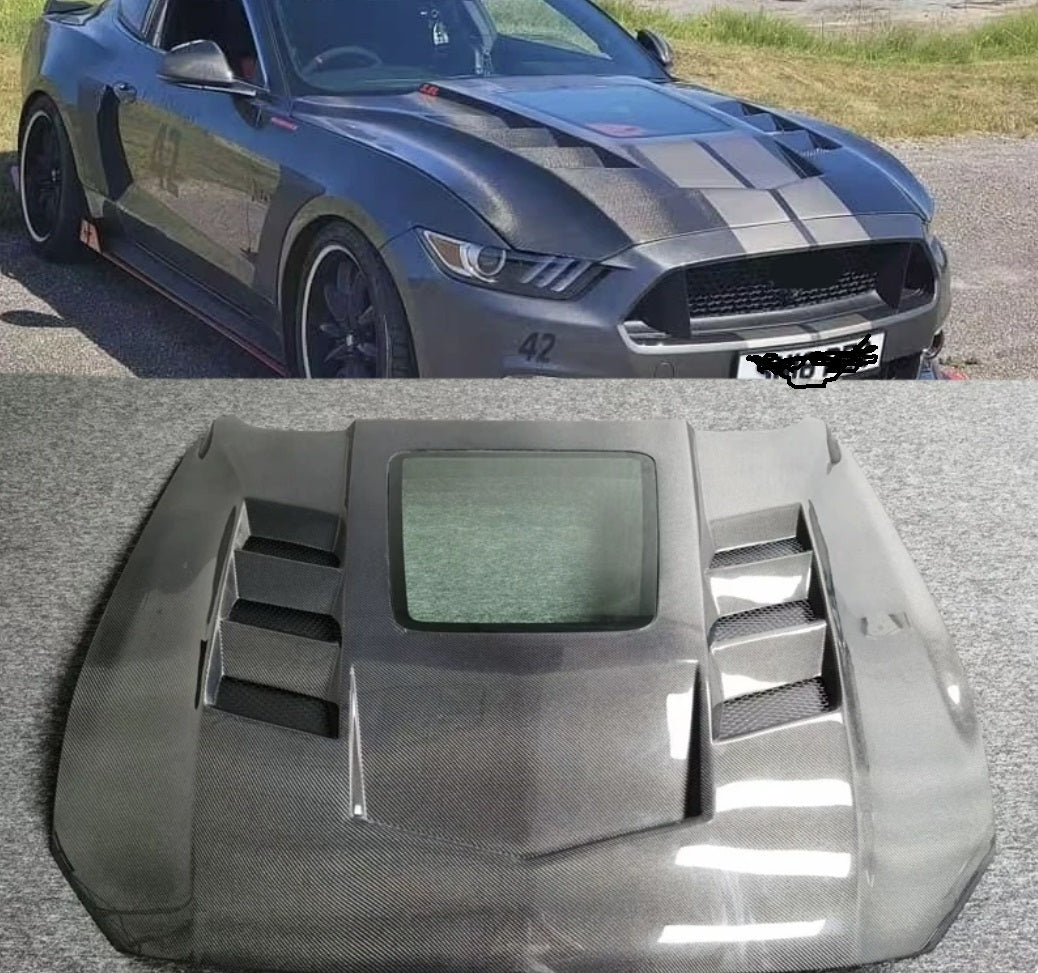 Transparent Carbon Fiber Hood Ford Mustang 15-19 بونيت فورد مستنج  كاربون فايبر مع فتحة زجاج