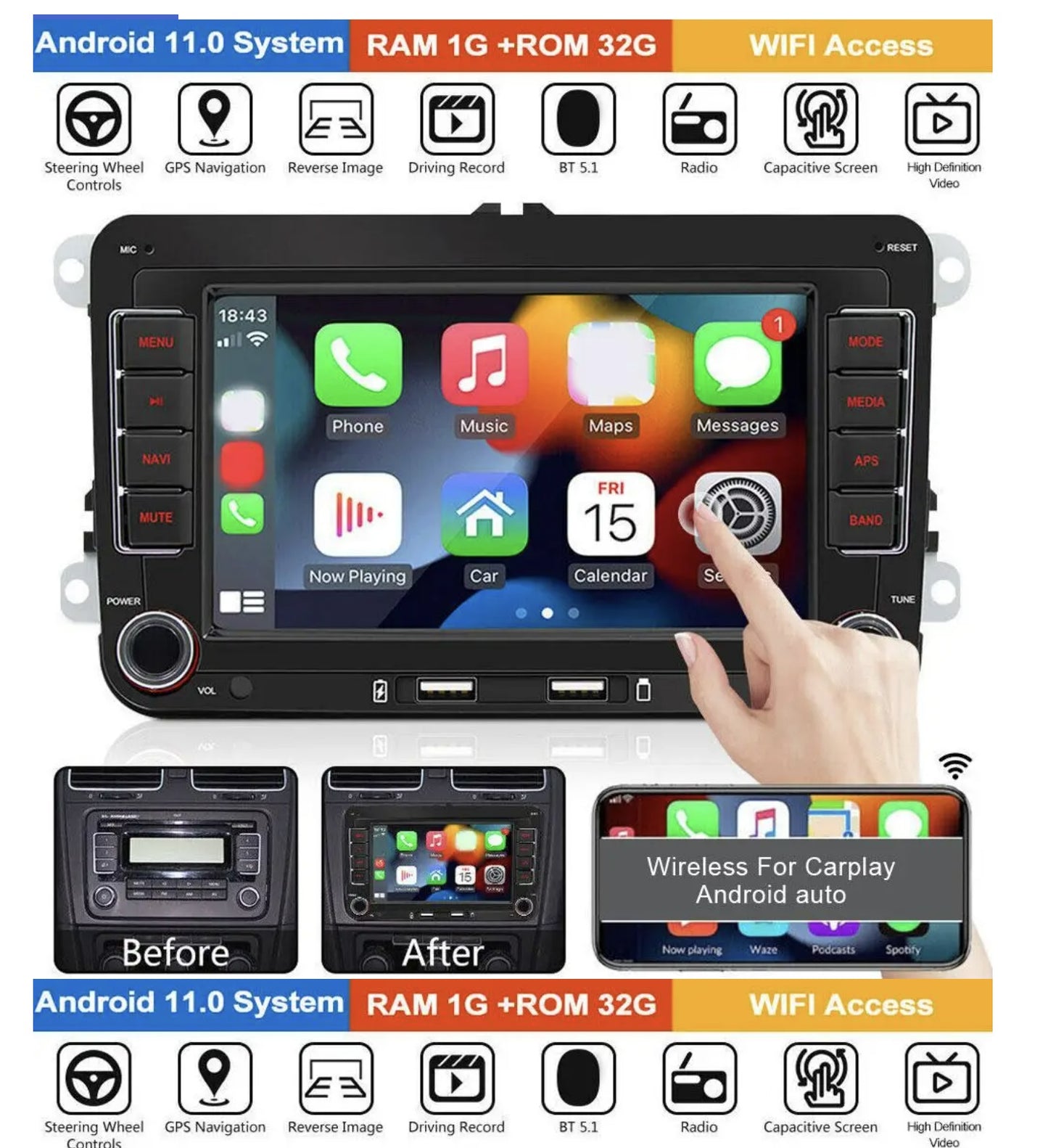VW 7'' multimedia Android Navigation  سيات سكودا الفاروميو نظام ترفيهي فولكسفاجن ضمان سنة 1year warranty